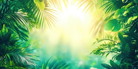 Poster - Green forest with a bright sun shining through the leaves