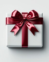 Poster - Detailed 3D rendering of a closed gift box wrapped in shiny red satin ribbon the bow intricately tied with delicate loops and tails