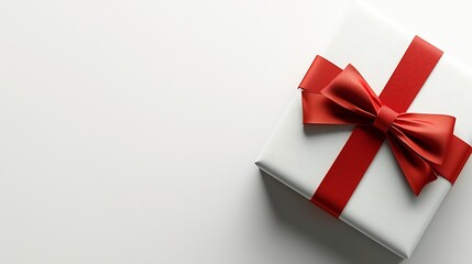 Poster - Neatly Presented Premium Gift Package with Striking Red Bow Meticulous Craftsmanship and Luxurious Materials   Close up View of Elegantly Wrapped Present on Bright White Backdrop with Dynamic Shadows
