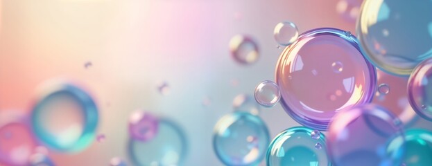 Poster - Abstract illustration of colorful bubbles. Rainbow colors, light effects create dynamic visual display. Bubbles in different sizes, shades float in soft pastel backdrop. Design perfect for