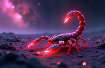 neon red scorpion zodiac symbol against purple space background. scorpion made of dark nebulae. astr