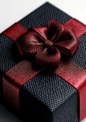 Poster - Meticulously crafted gift box with a striking crimson bow captured in a close up 3D digital still life against a minimalist white background