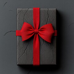 Poster - Beautifully wrapped present with a striking red bow featuring an intricate textured surface and gleaming metallic accents