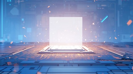 Poster - Blue tech background featuring an AI processor chip circuit board, ideal for web banners or posters, providing ample space for text and highlighting advanced technology themes.