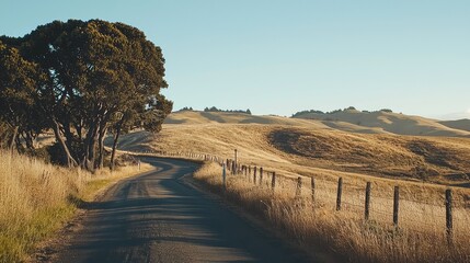 Wall Mural - Serene Country Road Through Rolling Hills and Golden Fields