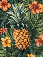 Poster - Tropical seamless pattern with vibrant pineapples and colorful hibiscus flowers set against lush green foliage. Generative AI