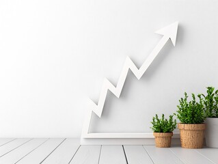 Poster - Elegant white frame showcasing a rising graph and bold arrow conveying the thriving financial market and sleek minimalist contemporary office backdrop