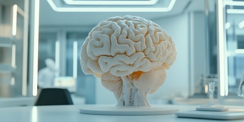 Aufkleber - This 3D model of a human brain showcases intricate details in a modern scientific lab setting. The clean lines and bright lights create a futuristic atmosphere. Perfect for educational purposes. AI