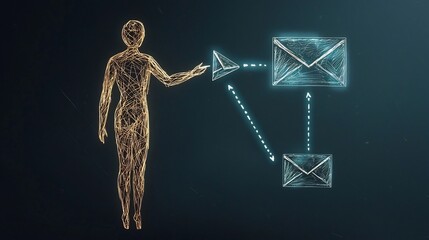 Poster - Conceptual wireframe depicting the concept of intercontinental interaction and information sharing  The image features a sketched human figure  pointer signs