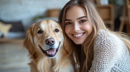 Poster - Happy young woman smiling with her golden retriever dog.