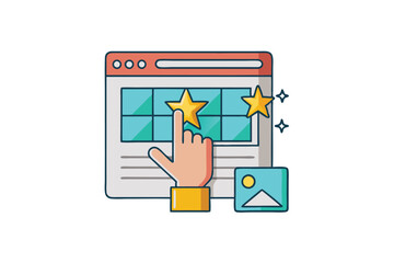 Wall Mural - Modern illustration of an interactive online interface with a pointing hand and colorful icons, suitable for digital or creative projects