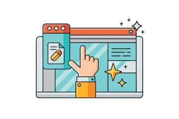 Wall Mural - Digital artwork featuring a modern web application interface with colorful icons and a hand pointer, ideal for user experience designs