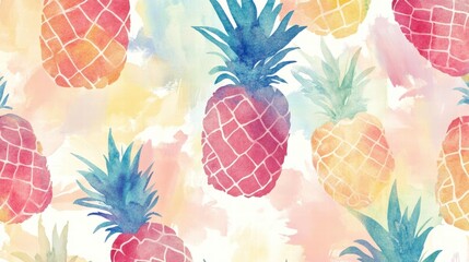 Aufkleber - Vibrant watercolor pineapple pattern with colorful tropical hues suitable for various design projects and summer themes. Generative AI