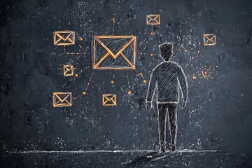 Poster - Interconnected User in a Dystopian Digital World Transmission   of a minimalist silhouette figure surrounded by directional cues and envelope symbols