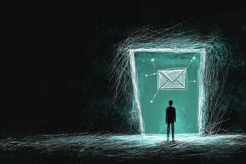Poster - Interconnected World and Data Transmission Idea Illustrated with User and Interface Components like Directional Cues and Envelope Symbol in a Somber