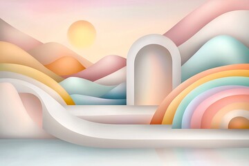 Poster - Peaceful and serene digital landscape composition with soft pastel hued flowing geometric and organic forms creating a minimalist and modern art inspired ambient setting