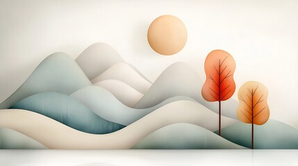 Poster - Soft abstract landscape design featuring a gentle flow of rounded pastel colored shapes in a calming serene and minimalist aesthetic  Digital painting technique with an impressionist style