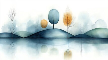 Poster - Serene Abstract Landscape with Delicate Organic Shapes Tranquil Muted Color Palette of Blues and Greens Minimalist Composition and Impressionist Brushstrokes Creating an Ethereal