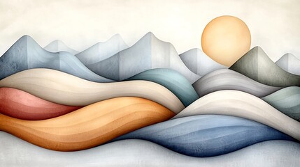Poster - Serene Minimalist Watercolor Landscape with Flowing Organic Textures and Muted Tones  Calming abstract background with undulating curves soft forms and a sublime meditative