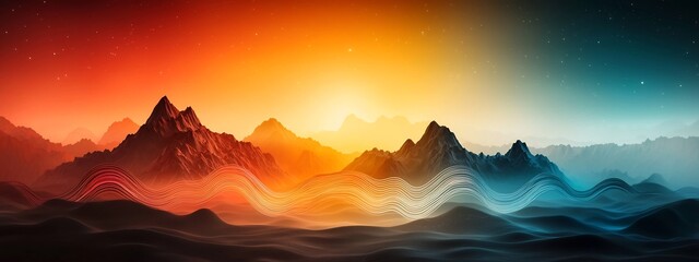 Poster - A captivating digital depicting a surreal otherworldly landscape with towering mountains silhouetted against a vibrant ethereal sky  Undulating waves of color and light flow across the scene