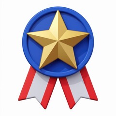Aufkleber - A gold star on a blue circular badge with red and white ribbons, signifying achievement or excellence.