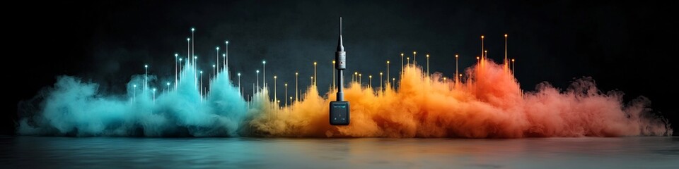 Poster - Stunning 3D visualization of a futuristic cityscape skyline with a dramatic rocket launch blastoff set against the vibrant colors of a sunset or dawn sky