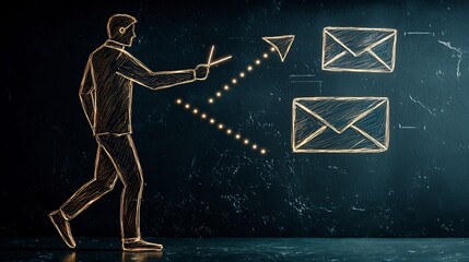 Poster - Intercontinental Interaction and Information Sharing Concept with Sketched Human Silhouette and Pointer Signs on Dark Tone Geometric Minimalist High Contrast Background
