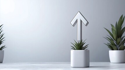 Poster - Minimalist white office setting with a financial diagram and a rising arrow conveying a sense of economic progress and financial growth  Clean precise