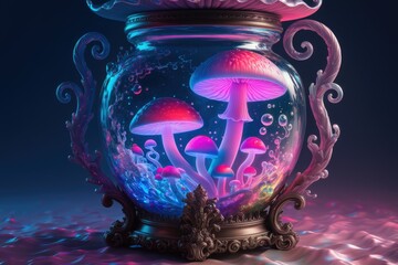 Aufkleber - Glowing neon mushrooms encased in an ornate glass jar, surreal digital art.