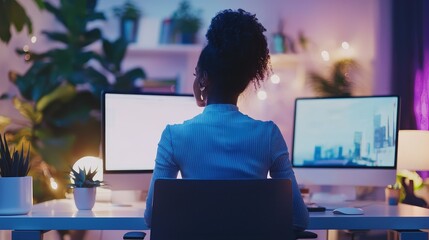 Poster - Woman Working at Desk with Computer Monitors in Modern Office Space