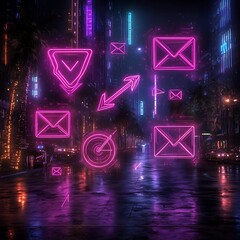 Poster - Neon Lit City Network with Freehand Symbols and Arrows   Dynamic digital artwork showcasing a futuristic urban landscape with glowing neon shapes user interface elements and a vibrant