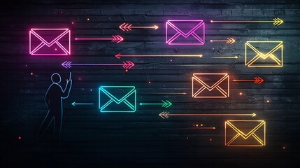 Poster - Global Digital Communication and Social Network Concept Featuring Freehand Silhouette Silhouette and Abstract Envelope Arrow and Symbol Elements on a Vibrant Minimalist Abstract Digital Background