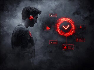 Poster - Collaborative digital network with hand rendered user profile symbolic navigation elements messaging symbols and moody backdrop with dramatic chiaroscuro lighting