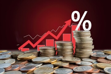 Poster - Rising interest rates shown with a graph and stacks of coins illustrating financial growth and increase in percentage.