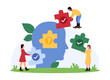 © Flash Vector - Mental health, find right solution to clear understand problem, psychology. Tiny people holding lost color pieces with checkmarks for puzzle game inside human head cartoon vector illustration