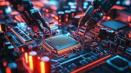 Poster - Close-Up View of Circuit Board with Lit Components and Connectors