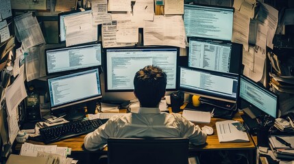 Poster - Overwhelmed Office Worker Surrounded by Multiple Computer Screens
