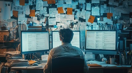 Poster - Person Working Late in Front of Multiple Computer Screens in Office