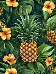 Poster - Tropical seamless pattern featuring vibrant pineapples and lush greenery with radiant floral accents. Generative AI