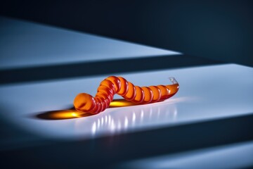 Leinwandbilder - A translucent orange spiral object resembling a worm, artfully illuminated on a reflective surface.