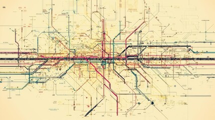 Poster - Detailed Vintage Subway Map with Colorful Rail Line Illustrations