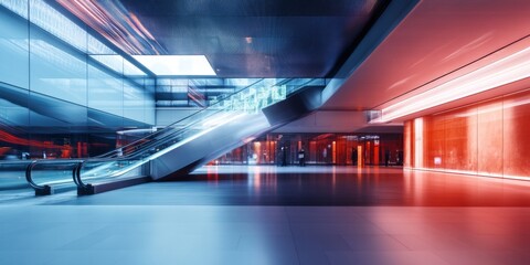 Poster - A futuristic underground escalator in vibrant neon colors. This modern design captures the essence of urban life. Perfect for technology or architecture projects. AI