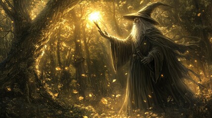 Wall Mural - An Enchanting Wizard Casts a Spell in a Golden Forest