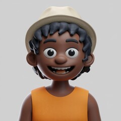 Poster - A cheerful 3D cartoon boy with dark skin, short dreadlocks, wearing an orange tank top and a beige hat.