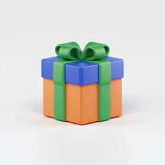 Poster - A digitally rendered gift box with a blue and orange design and a green ribbon.