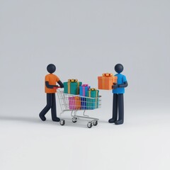 Poster - Two 3D figures shopping for gifts, filling a cart with colorful presents.