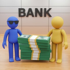 Poster - Two 3D figures, one blue and one yellow, stand beside a stack of money in front of a bank sign.