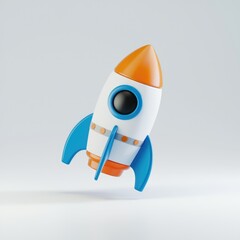 Poster - A cartoon rocket ship, orange and blue, ready for launch, symbolizes innovation and progress.