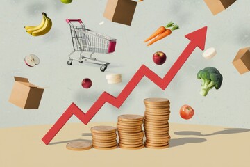 Poster - Rising grocery prices illustrated with food, shopping cart, and upward trending graph indicating increasing costs.
