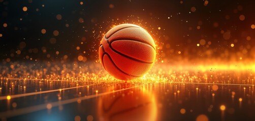 Poster - Glowing amber basketball on dynamic background. Futuristic sports theme. Energetic vibrant colors. Abstract digital art. Possible use for tech company, sports brand, game developer. Modern, creative